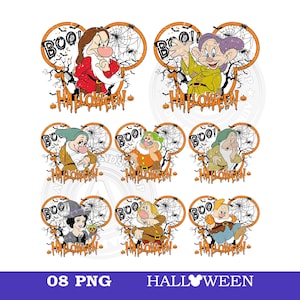 May include: A collection of eight digital graphic designs featuring various characters from Snow White set within orange Mickey Mouse-shaped frames. Each design includes a spider web, bare tree branches, the text BOO!, and the word HALLOWEEN.