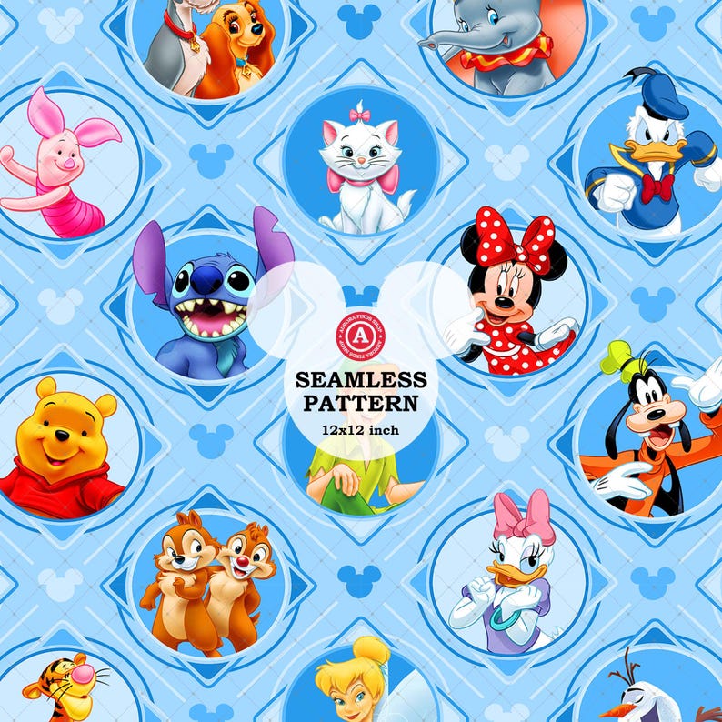 Mickey Mouse Pink Seamless Pattern JPEG, Mickey Minnie Stitch Pooh Daisy Goofy Tinker Bell Fabric Print, Digital Paper Tumbler Wrap JPG File image 1
