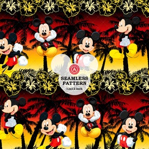 Musse Pigg tropiskt sömlöst mönster JPEG, Musse Pigg hawaiianskt tygtryck, digitalt strandpapper, sublimeringsdesign för scrapbooking JPG
