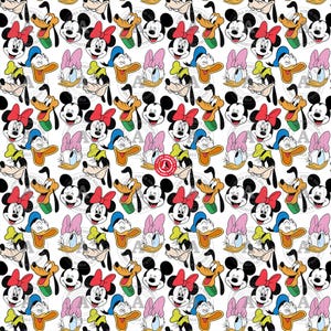May include: A repeating pattern featuring cartoon characters Mickey Mouse, Minnie Mouse, Donald Duck, Daisy Duck, and Goofy on a white background. Mickey and Minnie wear red bows, Donald wears a blue hat, and Daisy wears a pink bow.