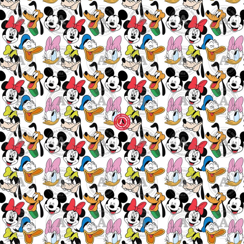May include: A repeating pattern featuring cartoon characters Mickey Mouse, Minnie Mouse, Donald Duck, Daisy Duck, and Goofy on a white background. Mickey and Minnie wear red bows, Donald wears a blue hat, and Daisy wears a pink bow.