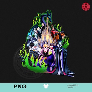 Puede incluir: Un gr&aacute;fico colorido con villanos de Disney, incluyendo Mal&eacute;fica, &Uacute;rsula y la Reina Malvada, con un castillo de fondo y llamas verdes. La imagen est&aacute; etiquetada como "PNG" y tiene una resoluci&oacute;n de 4200x4800 px a 300 dpi.