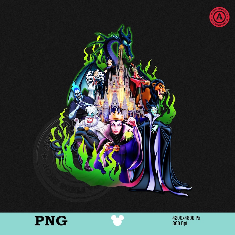 Puede incluir: Un gr&aacute;fico colorido con villanos de Disney, incluyendo Mal&eacute;fica, &Uacute;rsula y la Reina Malvada, con un castillo de fondo y llamas verdes. La imagen est&aacute; etiquetada como "PNG" y tiene una resoluci&oacute;n de 4200x4800 px a 300 dpi.
