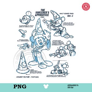 May include: A blue sketch of Mickey Mouse as the Sorcerer's Apprentice from Fantasia, with notes and annotations. The image includes multiple poses, a hat design, and text that reads "The Sorcerer's Apprentice - 1940." The image also includes the text "Walt Disney Prod RX-1."