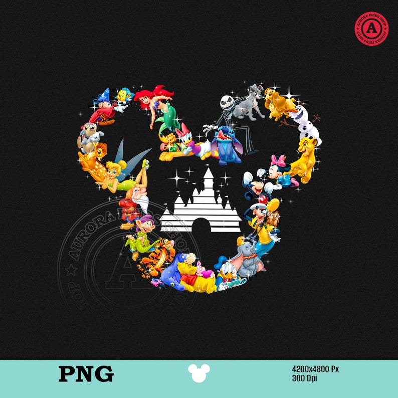Peut inclure: Graphique noir en forme de t&ecirc;te de Mickey Mouse remplie de divers personnages Disney. Les personnages incluent Ariel, Simba, Stitch et Mickey Mouse. Une silhouette de ch&acirc;teau blanc est au centre. L'image a un filigrane PNG et une r&eacute;solution de 4200x4800 px.