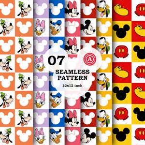 May include: A colorful seamless pattern featuring cartoon characters like Mickey Mouse, Minnie Mouse, Donald Duck, and Goofy. The design includes a variety of colors and the text "07 SEAMLESS PATTERN 12x12 inch".