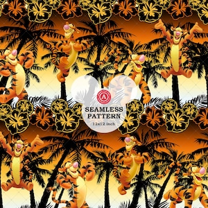 May include: Seamless pattern featuring the character Tigger from Winnie the Pooh, palm trees, and hibiscus flowers. The design is in shades of orange, black, and yellow. The text on the image reads "SEAMLESS PATTERN 12x12 inch".