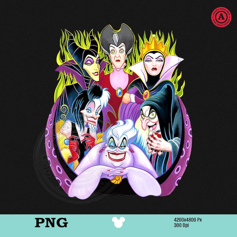 May include: A digital illustration featuring a group of Disney villains, including Maleficent, the Evil Queen, and Ursula. The characters are set against a black background with green flames and purple tentacles. The image is labeled "PNG".