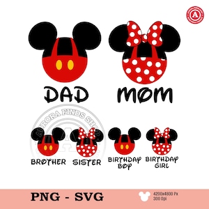 May include: A digital graphic featuring Mickey and Minnie Mouse-inspired designs for family members. The designs include the words "DAD," "MOM," "BROTHER," "SISTER," "BIRTHDAY BOY," and "BIRTHDAY GIRL." The image is in red, black, and white.
