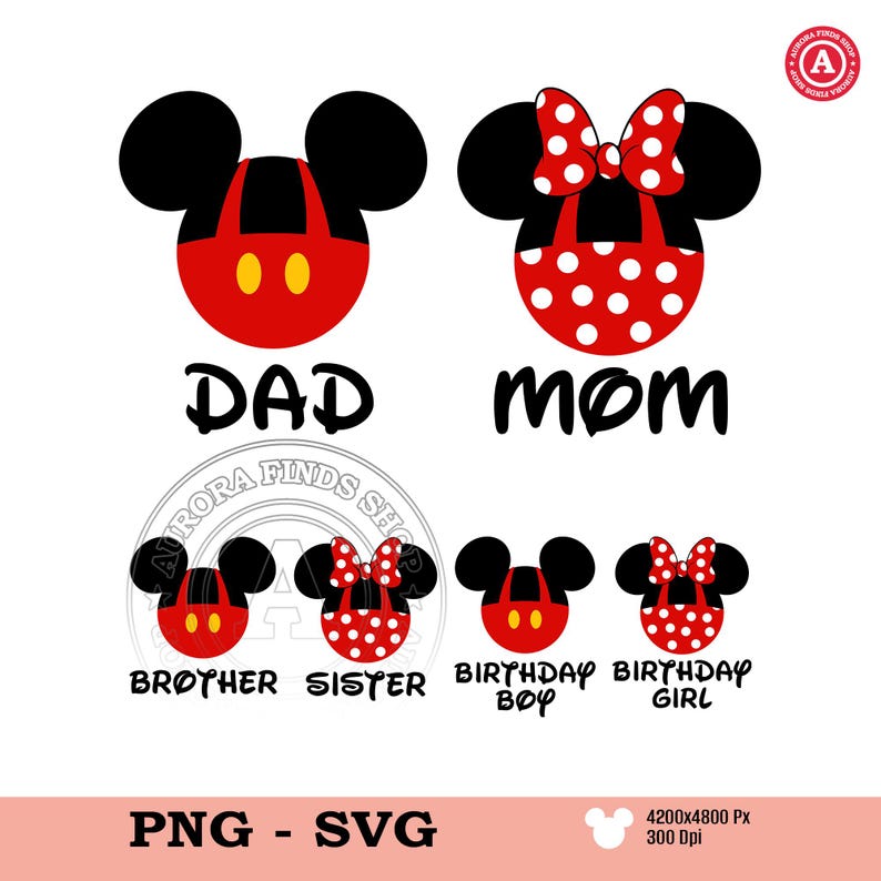 May include: A digital graphic featuring Mickey and Minnie Mouse-inspired designs for family members. The designs include the words "DAD," "MOM," "BROTHER," "SISTER," "BIRTHDAY BOY," and "BIRTHDAY GIRL." The image is in red, black, and white.