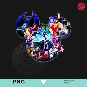 K&ouml;nnte beinhalten: Ein farbenfrohes Grafikdesign mit Disney-B&ouml;sewichten, darunter Maleficent und Ursula, angeordnet in der Form von Mickey Mouse Ohren. Das Bild, vor einem dunklen Hintergrund, zeigt den Text &bdquo;PNG&ldquo; und Aufl&ouml;sungsinformationen. Eine lebendige Komposition.