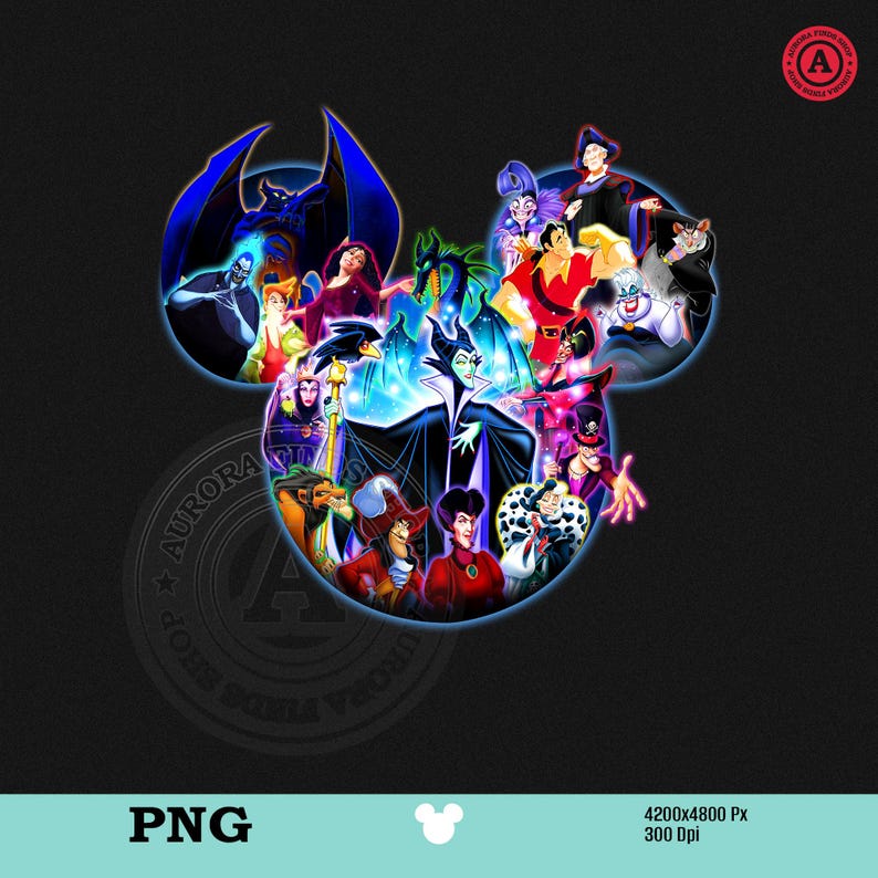 K&ouml;nnte beinhalten: Ein farbenfrohes Grafikdesign mit Disney-B&ouml;sewichten, darunter Maleficent und Ursula, angeordnet in der Form von Mickey Mouse Ohren. Das Bild, vor einem dunklen Hintergrund, zeigt den Text &bdquo;PNG&ldquo; und Aufl&ouml;sungsinformationen. Eine lebendige Komposition.