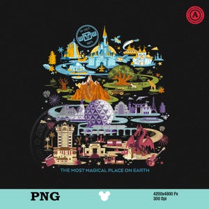 Può includere: T-shirt nera con un'illustrazione colorata di un parco a tema, con un castello, una grande sfera e un drago. Il testo "THE MOST MAGICAL PLACE ON EARTH" è stampato in basso.