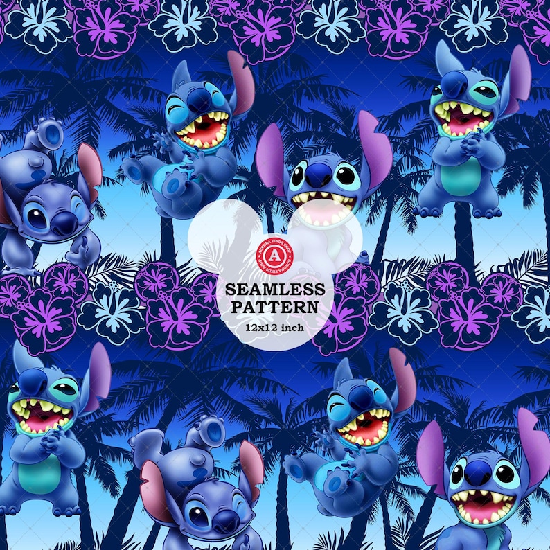 Puede incluir: Patr&oacute;n sin costuras con el personaje Stitch de Lilo & Stitch, sobre un fondo tropical de palmeras y flores. El dise&ntilde;o incluye el texto "SEAMLESS PATTERN" y las dimensiones "12x12 inch". El patr&oacute;n es en tonos de azul, morado y blanco.