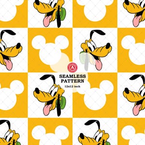 May include: Seamless pattern featuring Pluto, the Disney cartoon dog, with a yellow and white background. The pattern includes Pluto's face and a Mickey Mouse head shape. The text "SEAMLESS PATTERN 12x12 inch" is also included.