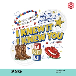Puede incluir: Un dise&ntilde;o gr&aacute;fico digital con el texto I KNEW IT I KNEW YOU en amarillo con bordes azules. Incluye una pulsera de cuentas con el texto YOU'VE GOT A FRIEND IN ME, una estrella de sheriff, botas vaqueras marrones, bloques de letras y un sombrero rojo.