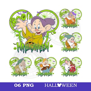 Pode incluir: Uma coleção de seis ilustrações digitais com os personagens dos Sete Anões da Disney em designs temáticos de Halloween. Cada gráfico inclui um contorno verde em forma de Mickey Mouse, teias de aranha, morcegos, abóboras e o texto BOO e HALLOWEEN.
