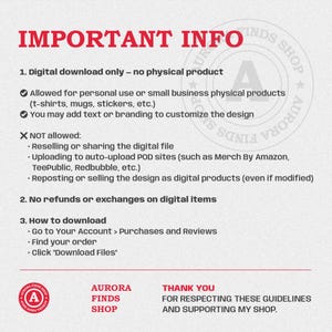 May include: A digital download information sheet with red text on a white background. The text includes details about allowed uses, prohibited actions, and download instructions. The shop logo and a thank you message are also present.