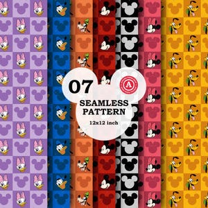 May include: A seamless pattern design featuring various Disney characters and icons. The design includes Mickey Mouse, Minnie Mouse, Donald Duck, Daisy Duck, and Goofy, set against colorful checkered backgrounds. The text reads "07 SEAMLESS PATTERN 12x12 inch".