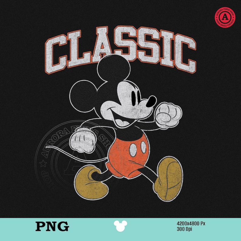 May include: A black graphic featuring Mickey Mouse in a running pose, with orange shorts and yellow shoes. The word "CLASSIC" is arched above the character in a white and orange font. The image has a vintage, distressed look.