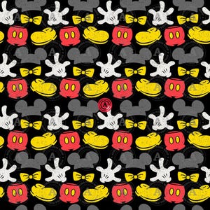 May include: A repeating pattern on a black background features iconic cartoon elements. Included are red shorts, yellow shoes, white gloves, yellow bow ties, and gray mouse ears. The design has a distressed, vintage look.