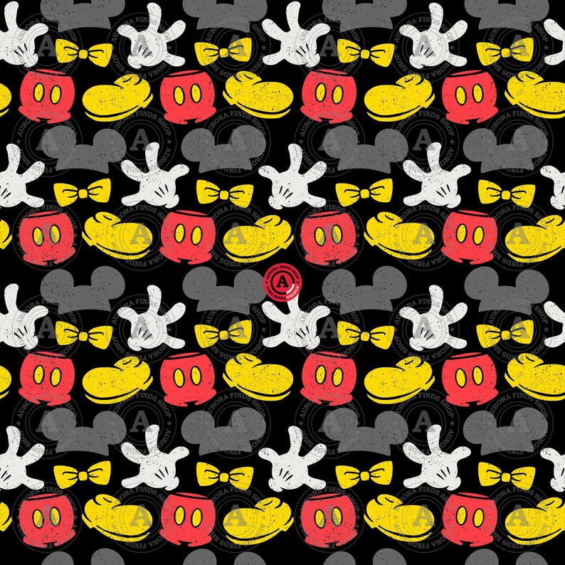 May include: A repeating pattern on a black background features iconic cartoon elements. Included are red shorts, yellow shoes, white gloves, yellow bow ties, and gray mouse ears. The design has a distressed, vintage look.