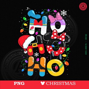 May include: A graphic design featuring the text HO HO HO decorated with holiday elements. The letters incorporate character-themed motifs including a blue hat, a red Santa hat, a pink bow, a red polka dot bow, and colorful Christmas light strings.