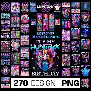 Puede incluir: Una colección de diseños temáticos de K-Pop, con el texto "KPOP DEMON HUNTERS" y "IT'S MY HUNTRAX BIRTHDAY." Los diseños incluyen varias ilustraciones y arte de personajes, con las palabras "270 DESIGN PNG" en la parte inferior.