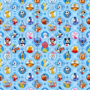 May include: A light blue fabric featuring a repeating pattern of various Disney characters enclosed in circular frames. The design includes Mickey Mouse, Minnie Mouse, Donald Duck, Stitch, Winnie the Pooh, and other animated figures on a background with small Mickey head silhouettes and the text Aurora Finds.