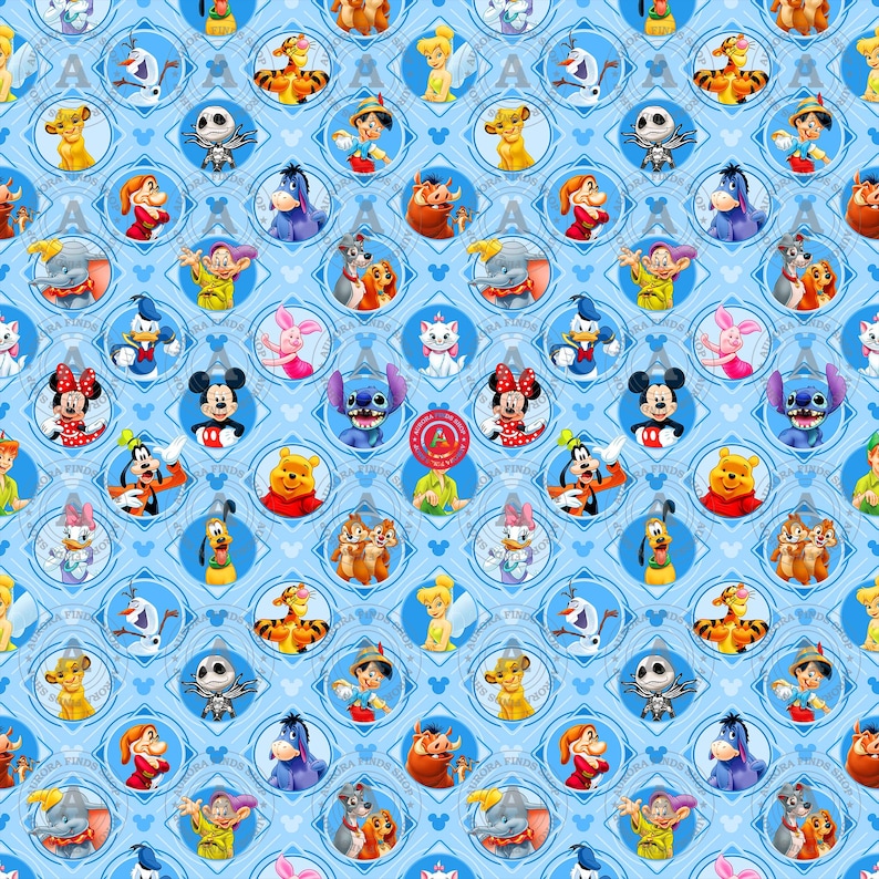 May include: A light blue fabric featuring a repeating pattern of various Disney characters enclosed in circular frames. The design includes Mickey Mouse, Minnie Mouse, Donald Duck, Stitch, Winnie the Pooh, and other animated figures on a background with small Mickey head silhouettes and the text Aurora Finds.