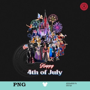 May include: A digital graphic featuring Disney characters, fireworks, and a castle, celebrating the 4th of July. The text "Happy 4th of July" is displayed in a festive font. The image is set against a black background.