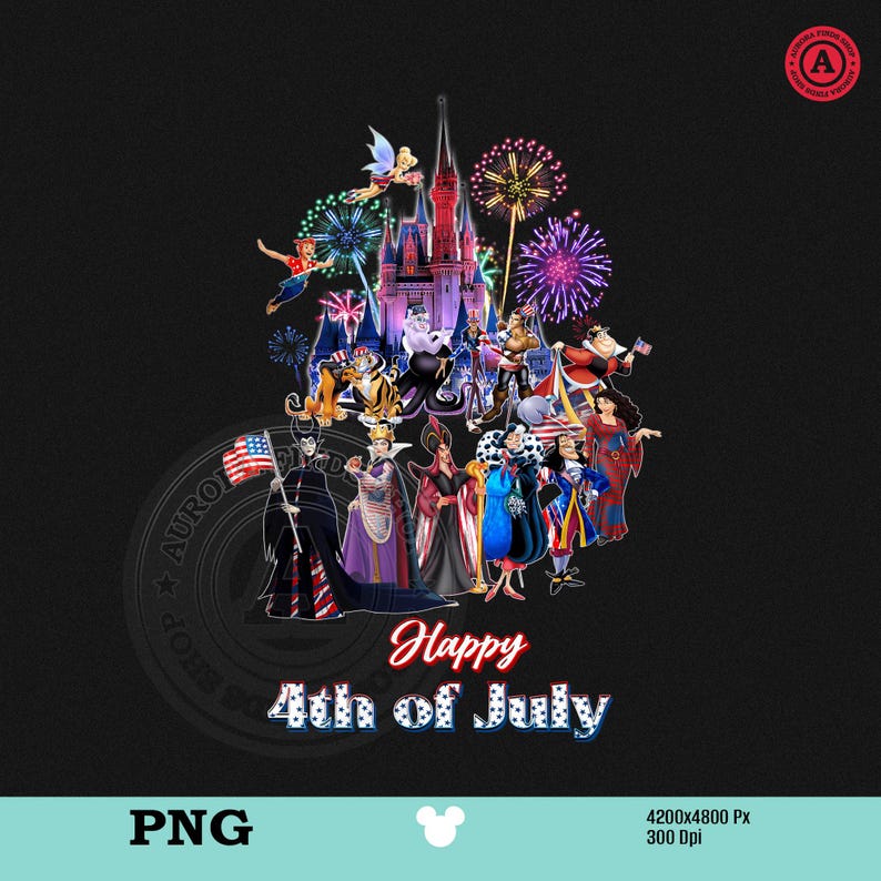 May include: A digital graphic featuring Disney characters, fireworks, and a castle, celebrating the 4th of July. The text "Happy 4th of July" is displayed in a festive font. The image is set against a black background.