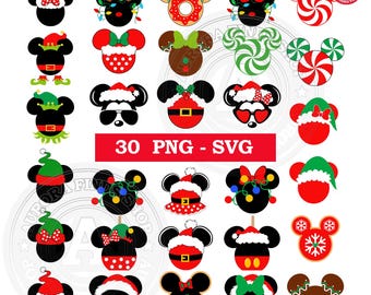 May include: A collection of 30 digital illustrations featuring mouse-shaped silhouettes with various Christmas-themed accessories including Santa hats, reindeer antlers, peppermint swirls, gingerbread patterns, and holiday lights, with the text 30 PNG - SVG.