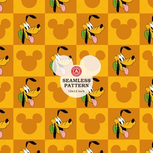 Könnte beinhalten: Nahtloses Muster mit Pluto dem Hund und Mickey Mouse Silhouetten auf einem gelb-orangen karierten Hintergrund. Das Muster enthält den Text "SEAMLESS PATTERN 12x12 inch" (30,5 x 30,5 cm).