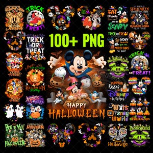 Może przedstawiać: Kolekcja ponad 100 cyfrowych plików PNG zawierających różne ilustracje o tematyce Halloween z postaciami z kreskówek, dyniami i świątecznymi napisami. Projekty zawierają kolorowe grafiki myszy, kaczek i psów w kostiumach z motywami.
