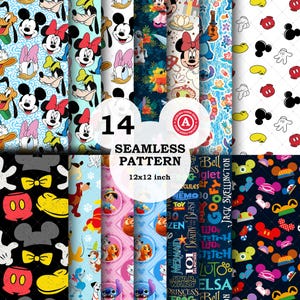 以下が含まれることがあります： ディズニーのキャラクターと要素をフィーチャーした14のシームレスパターンのコレクション。デザインには、ミッキーマウス、ミニーマウス、ドナルドダック、その他のキャラクターが含まれます。パターンは30.48cm x 30.48cmで、「SEAMLESS PATTERN」というテキストが含まれています。