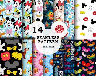 14 Seamless Pattern Bundle JPEG, Mickey Minnie Daisy Pluto Olaf Stitch Digital Paper, Hawaiian Fabric Print, Disneyy Digital Paper