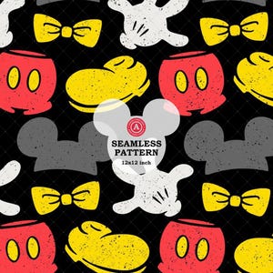 K&ouml;nnte beinhalten: Nahtloses Muster mit ikonischen Cartoon-Elementen. Enth&auml;lt rote und gelbe Elemente, wei&szlig;e Handschuhe und gelbe Fliegen auf schwarzem Hintergrund. Der Text "SEAMLESS PATTERN 12x12 inch" ist ebenfalls vorhanden.
