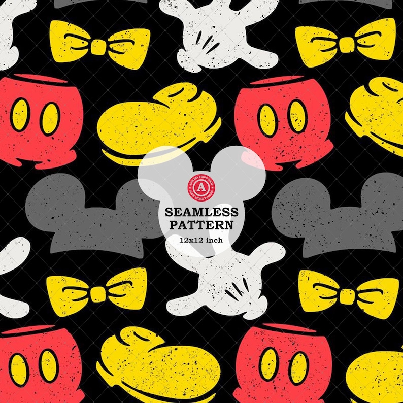 K&ouml;nnte beinhalten: Nahtloses Muster mit ikonischen Cartoon-Elementen. Enth&auml;lt rote und gelbe Elemente, wei&szlig;e Handschuhe und gelbe Fliegen auf schwarzem Hintergrund. Der Text "SEAMLESS PATTERN 12x12 inch" ist ebenfalls vorhanden.