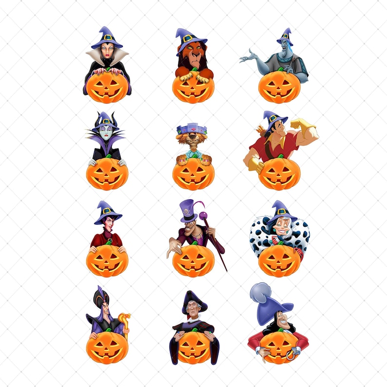 Halloween Villains PNG Bundle, Maleficent Jafar Captain Hook Gaston Cruella Evil Queen Witch Hat Pumpkin Clipart, Digital Download image 1