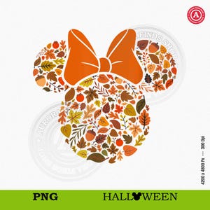 May include: A graphic illustration of a mouse head silhouette filled with a pattern of autumn leaves, acorns, and berries in shades of orange, brown, and yellow, topped with a solid orange bow. The design is set against a white background.