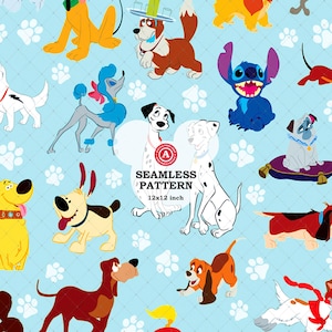 May include: A seamless pattern featuring various cartoon dogs on a light blue background with white paw prints. The design includes characters like a blue alien, a poodle, and dalmatians. Text in the center reads SEAMLESS PATTERN 12x12 inch.