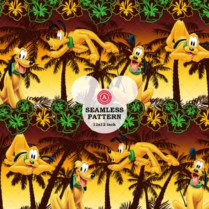 Patrón tropical sin costuras de Pluto en formato JPEG, estampado de tela con dibujos animados de Pluto hawaiano para verano, papel para álbum de recortes playero, diseño de sublimación de Pluto en formato JPG