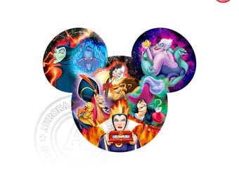 Villanos Mickey Head PNG, Maléfica Úrsula Cruella Reina Malvada Gráficos, Diseño de Camiseta Disneyland, Arte de Sublimación del Reino Mágico
