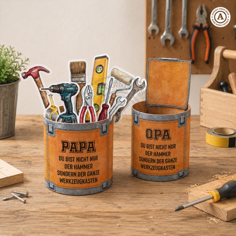 May include: Two orange-colored, cylindrical containers with the words "PAPA" and "OPA" printed on them. The "PAPA" container holds various tools, including a hammer, drill, and wrench. The "OPA" container is empty. The text on the containers reads "DU BIST NICHT NUR DER HAMMER SONDERN DER GANZE WERKZEUGKASTEN."