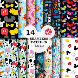 May include: A collection of 14 seamless patterns, each 12x12 inches, featuring various cartoon characters and designs. The patterns include Mickey Mouse, Minnie Mouse, Donald Duck, and other Disney characters. The patterns are in various colors and styles.