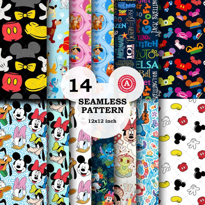 May include: A collection of 14 seamless patterns, each 12x12 inches, featuring various cartoon characters and designs. The patterns include Mickey Mouse, Minnie Mouse, Donald Duck, and other Disney characters. The patterns are in various colors and styles.
