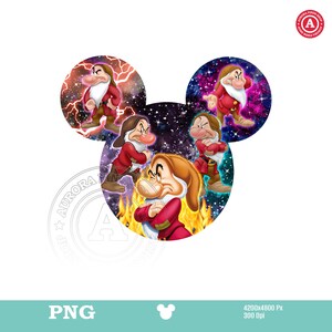 May include: A Mickey Mouse-shaped design featuring the Seven Dwarfs from Snow White. Each circle showcases a different dwarf with a unique background, including lightning, space, and fire. The dwarfs are dressed in their signature red and brown outfits.