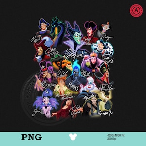 May include: A black graphic featuring a collage of Disney villains, including Maleficent, Cruella de Vil, and Ursula. Each character is depicted with vibrant colours and their names are written in a stylized font. The image includes the text "PNG".