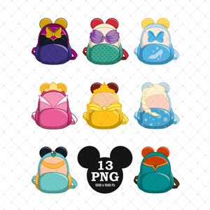 Puede incluir: Nueve mochilas coloridas con dise&ntilde;os tem&aacute;ticos de personajes, incluyendo una mochila morada con un lazo amarillo, una mochila verde con un dise&ntilde;o de sirena y una mochila azul con un lazo. Las mochilas tienen detalles de orejas de rat&oacute;n.